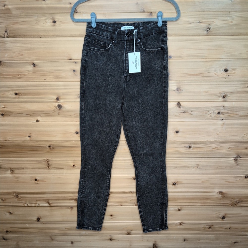 Good American Good Curve Skinny Crop Jeans Black Acid Wash Ankle Zip 4/27 NEW